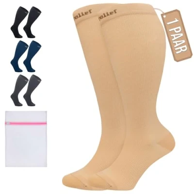 Abbildung von 360 Relief Kompressionsstrümpfe Damen und Herren 1 Paar Kompressionssocken Einfarbig für Sport, Laufen, Flug, Reise, Joggen, Radsport, Kniestrümpfe, 4XL Beige mit Wäschenetz