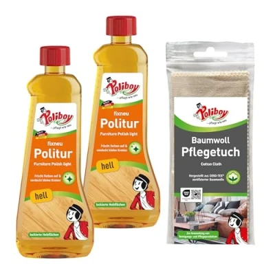 Abbildung von POLIBOY fixneu Politur hell Möbelpolitur für helle lackierte Hölzer farbauffrischende Holzpolitur 2x 500ml Mit Baumwolltuch Made in Germany
