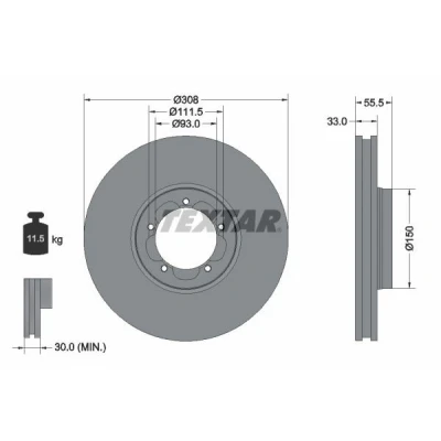 Abbildung von TEXTAR PRO 92273003 Bremsscheibe 308 33 05/05 111,5 innenbelüftet beschichtet ohne Radlager, Radbefestigungsbolzen, Radnabe