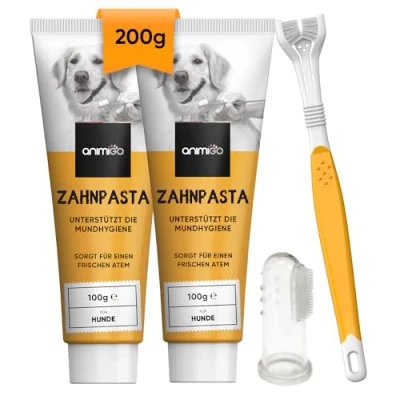 Abbildung von animigo Hundezahnpasta gegen Zahnstein &amp; Mundgeruch 2x100g inkl. Hundezahnbürste Fingerzahnbürste Set für Zahnreinigung mit Zahncreme Fingerling Hunde Zahnpflege natürlichen Zutaten