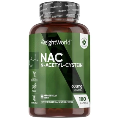 Abbildung von NAC N Acetyl L Cystein Natürliche Antioxidantien 180 Kapseln 600mg je Kapsel 6 Monate Vorrat Glutathion Aminosäuren Hohe Bioverfügbarkeit Vegan WeightWorld