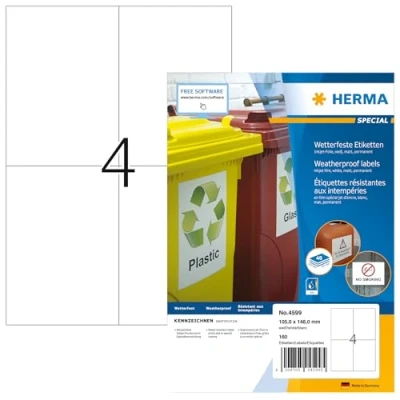 Abbildung von HERMA 4599 Wetterfeste Folienetiketten für Inkjet Drucker, 40 Blatt, 105 x 148 mm, 4 pro A4 Bogen, 160 Stück, selbstklebend, bedruckbar, matt, Klebeetiketten Aufkleber Tintenstrahldrucker, weiß