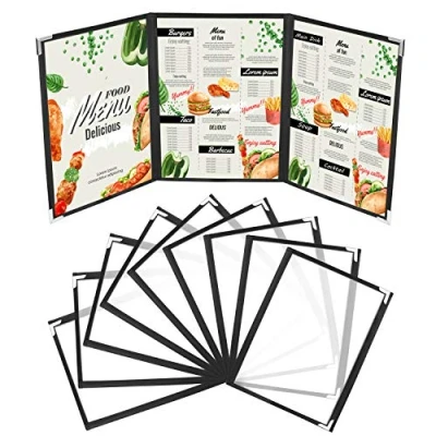 Abbildung von Kurtzy Dreifach Faltbare A4 Menükartenhalter (10 Stk) Speisekartenmappe Speisekarten Hülle 3x Faltbar Doppelsicht Faltmappe Schwarz mit Eckenschutz für Restaurant, Bar, Cafe, Speisekarte