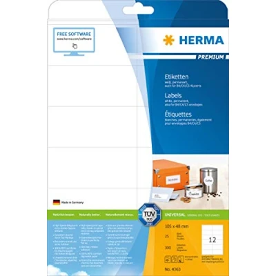 Abbildung von HERMA 4363 Universal Etiketten, 25 Blatt, 105 x 48 mm, 12 pro A4 Bogen, 300 Stück, selbstklebend, bedruckbar, matt, blanko Papier Klebeetiketten Aufkleber, weiß