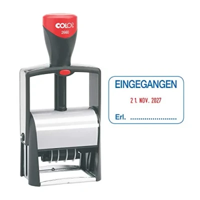 Abbildung von Colop 2660 Datumstempel mit Text EINGEGANGEN Datum deutsch Abdruck blau/rot im Karton 135867 klein