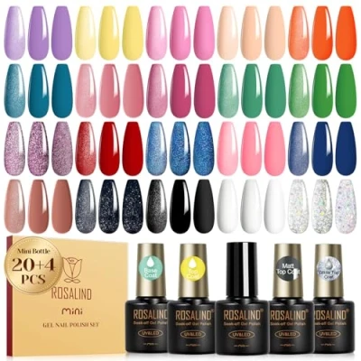 Abbildung von ROSALIND UV Nagellack Set, 20+4 Stück Gel mit Unterlack &amp; Überlack, Matt Glitzer Mini Farbgel für Gelnägel Schwarz Gelb Orange Lila Grün Blau Rosa Rot Shellac Nagel Design