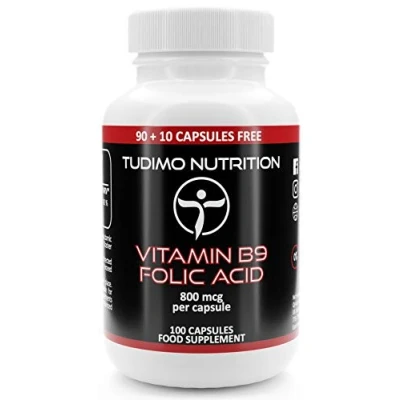 Abbildung von Vitamin B9 Folsäure 800 mcg Kapseln 100 Hochdosiert (3+ Monatsvorrat) Schnell Auflösende Tabletten (Folsauretabletten), mit je 800mcg an Hochwertigem Vit B 9 Folic Acid Supplement Pulver