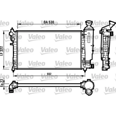 Abbildung von VALEO 731526 Kühler, Motorkühlung Aluminium 530 322 23 mit Kühlmittelregler Kühlrippen mechanisch gefügt PEUGEOT: 106 II Hatchback, I Hatchback