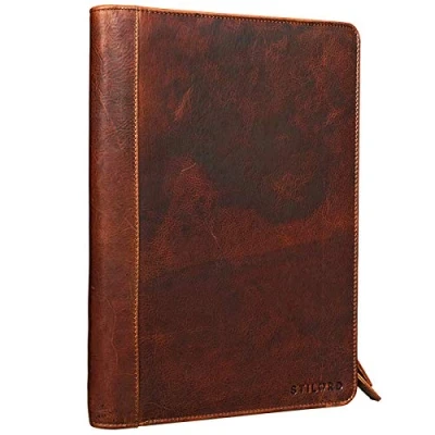 Abbildung von STILORD &#039;Julius&#039; Vintage Konferenzmappe Leder Schreibmappe Aktenmappe Dokumentenmappe A4 Organizer 12 Zoll Tablettasche echtes Rindsleder Kara braun