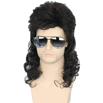 Abbildung von Topcosplay Herren Vokuhila Perücke, Schwarz Lockige Perücke Lang, 80er Jahre Mullet Punk Popstar Proll Rockerperücke für Fasching Karneval Halloween
