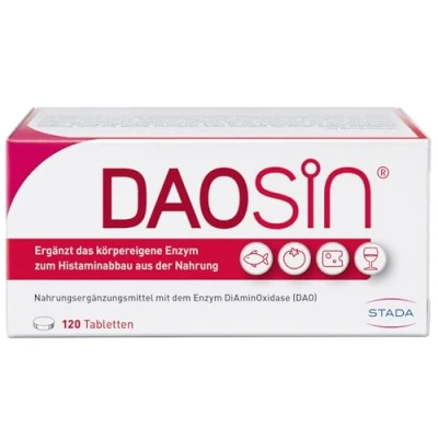 Abbildung von DAOSiN Nahrungsergänzungsmittel mit DAO Enzym unterstützt den Histamin Abbau 120 magensaftresistente Tabletten Diaminoxidase