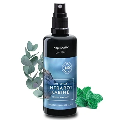 Abbildung von AllgäuQuelle® BIO Infrarotkabine Duftspray mit 100% Öle. Allgäuer Atemwohl Eukalyptus Salbei Minze Cajeput (100ml). Natürlicher Infrarotsauna duft m. ätherische Infrarotkabinen Duftöl