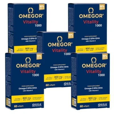 Abbildung von Omegor Vitality 1000 Nahrungsergänzung mit 90% Omega 3 in Triglyceridform Vitamin E für Herz, Sehvermögen und Gehirn im Gesundheitswesen IFOS Zertifikat ohne Nachgeschmack 60 Kapseln