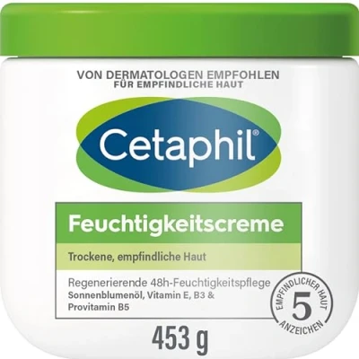 Abbildung von Cetaphil Feuchtigkeitscreme, 453g, Für trockene, empfindliche Haut, Spendet intensiv 48h Feuchtigkeit und stärkt die Widerstandskraft, Mit Vitamin B3, Provitamin B5, Sonnenblumenöl, Mandelöl, Glycerin
