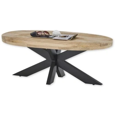 Abbildung von MUMBAI Couchtisch oval Massivholz Mango mit schwarzem Metallgestell hochwertiger &amp; naturbelassener Sofatisch für Ihren Wohnbereich 120 x 45 60 cm (B/H/T)