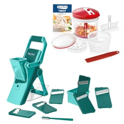 Abbildung von Genius Nicer Dicer Mando inklusive Twist Gemüseschneider 21 tlg., Gemüsehobel manuell stehend mit Auffangbecken 6 Einsätze Zwiebel Kartoffel Pommesschneider Salatschneider, Salatschleuder