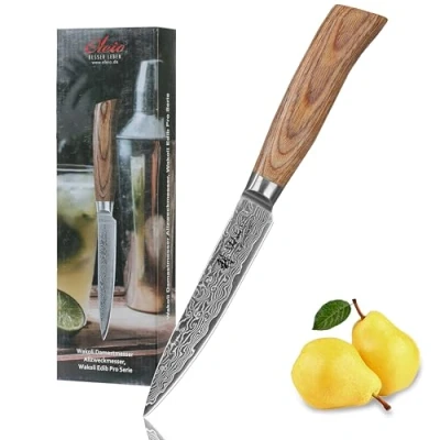 Abbildung von Wakoli EDIB Pro Premium Damast Allzweckmesser mit 12 cm Klinge gefertigt aus 67 Lagen echtem Damaststahl Pakkaholzgriff I Damastmesser Küchenmesser und Profi Kochmesser