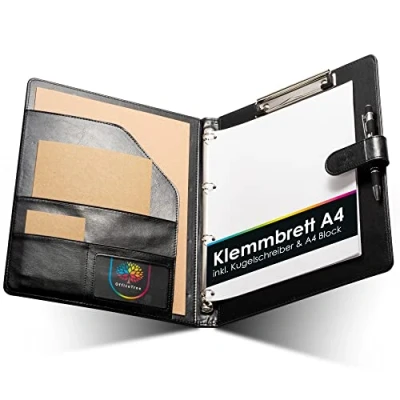 Abbildung von OfficeTree Klemmbrettmappe A4 mit Deckel Schreibmappe Schwarz Arbeitsmappe Ringbuch Klemmbrett DIN Mappe Organizer Inklusive Block und Kugelschreiber