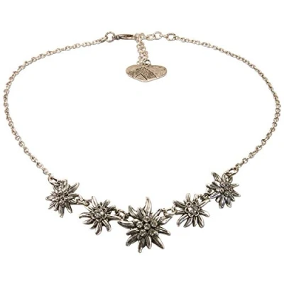Abbildung von Alpenflüstern Trachten Metallhalskette Edelweiss Symphonie Damen Trachtenschmuck Dirndlkette antik Silber Farben DHK231