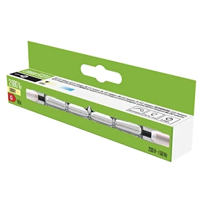 Abbildung von EMOS ECO Halogenstab 118 mm für R7s Sockel, 11,8 x 1 cm dimmbare Halogenröhre 140W, Warmweiß 3000 K, Helligkeit 2680 lm, Lebensdauer 4000h, 230 V, 140 W, Glas, Transparent, CRI 99, ZE0203