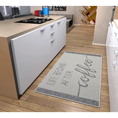 Abbildung von Hanse Home Salt &amp; Pepper Küchenteppich Küchenläufer Läufer Teppich mit Schriftzug, rutschfest Pflegeleicht Robust, ÖKO TEX Teppichläufer für Küche, Flur, Esszimmer Creme Grau, 92x150cm