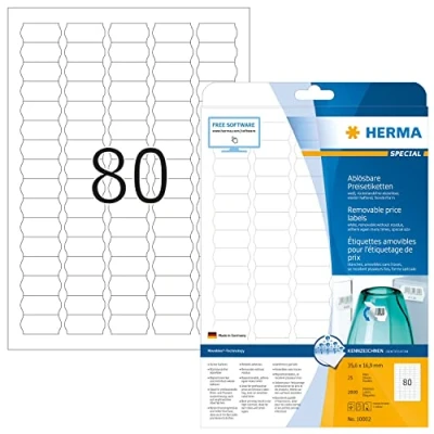 Abbildung von HERMA 10002 Preisetiketten ablösbar, 25 Blatt, 35,6 x 16,9 mm, 80 pro A4 Bogen, 2000 Stück, selbstklebend, bedruckbar, matt, blanko Papier Preisschilder Etiketten Aufkleber, weiß