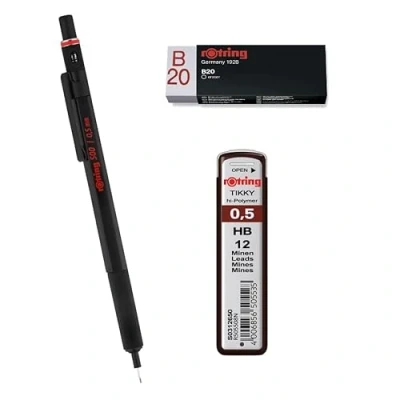 Abbildung von rOtring 500 Druckbleistifte, 0,5 mm, schwarzer Schaft, Tikky Minen, HB, mm (12 Minen), Radiergummi B20