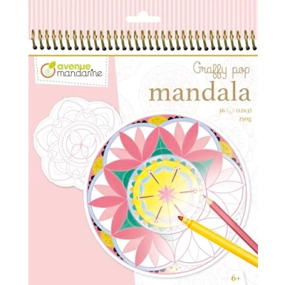 Abbildung von Avenue Mandarine GY027O Malbuch Graffy Pop Mandala, Zeichenpapier 250g, vorgestanzte Formen, 12 Motive wiederholen sich jeweils dreimal, ideal für Kinder ab 6 Jahren, 1 Stück, Rosa