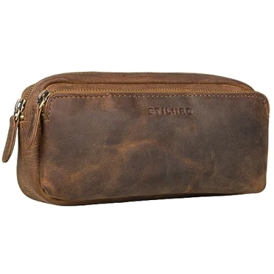 Abbildung von STILORD &#039;Melissa&#039; Federmäppchen Leder Groß Vintage mit Reißverschluss Stiftemappe Großes Etui Schule Uni Echtleder Kosmetiktasche für Damen und Herren, Farbe:mittel braun
