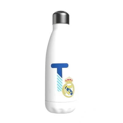 Abbildung von Real Madrid Wasserflasche aus Edelstahl, luftdicht, mit blauem Buchstaben Design, 550 ml, Weiß, offizielles Produkt (CyP Brands)