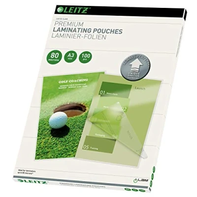 Abbildung von Leitz Heißlaminierfolien A3 80 mic, Laminierfolien in Premium Qualität im 25er Pack, Glänzend, Transparent, Vereinfachtes Einlegen durch UDT, iLAM, 74860000