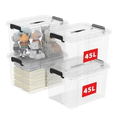 Abbildung von Cetomo 45L*4 Aufbewahrungsboxen, Tragbare Plastikboxen mit Deckeln, Organizer Behälter Griff und Clips, Stapelbar, Ineinander Nestbar, für Zuhause Büro, Transparent, 45L 4er Pack