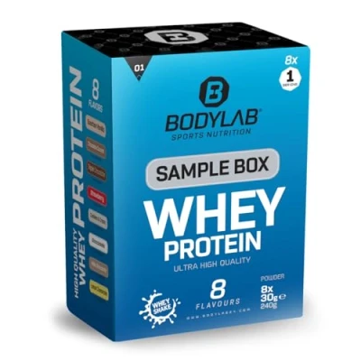 Abbildung von Bodylab24 Sample Box Whey Protein 1 (8x30g), 80% Eiweißgehalt, reich an BCAAs, 8 Geschmacksvarianten zum Ausprobieren mit je Portion, perfekt löslich, ideal zur Nutzung nach dem Training