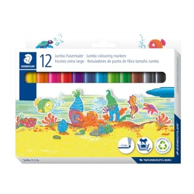 Abbildung von Staedtler Noris® 340 Jumbo Fasermaler, Speziell für kleine Kinderhände, Kartonetui mit 12 Fasermalern in sortierten Farben, C12
