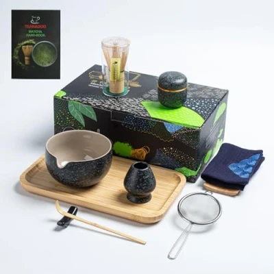Abbildung von TEANAGOO Matcha Tee Set mit Tablett, Japanisches Schale Bambus Schneebesen Schöpfkelle Halter Schneebesen,O1, Charcoal Grey