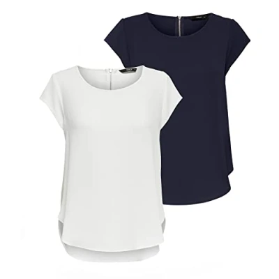 Abbildung von ONLY Damen ONLVIC S/S SOLID 2 Pack TOP, Blusenshirt, Kurzarm, Navy Blazer/Cloud Dancer, 36