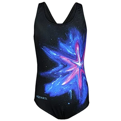 Abbildung von Aquarti Mädchen Badeanzug Chlorresistent Schwimmanzug Muscleback Wassersport Swimsuit, Farbe: Bunter Fleck Rosa Blau/Schwarz, Größe: 170