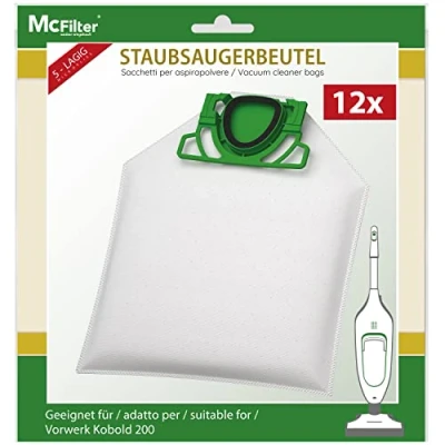 Abbildung von McFilter 12 Staubsaugerbeutel geeignet für Vorwerk Kobold VK200 VK 200 Staubsauger 5 lagiger Microvlies Beutel mit Kunststoffdeckscheibe und praktischem Klappverschluss