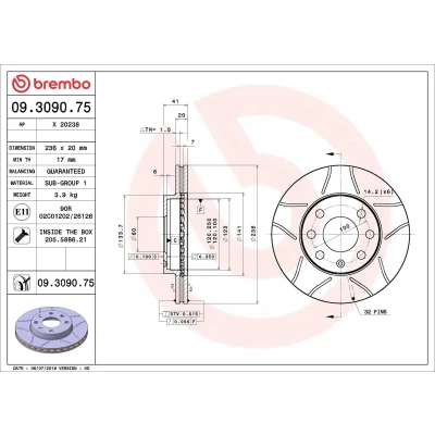 Abbildung von BREMBO MAX LINE 09.3090.75 Bremsscheibe 236 20 4 innenbelüftet, geschlitzt beschichtet mit Schrauben CHEVROLET: Kalos Hatchback