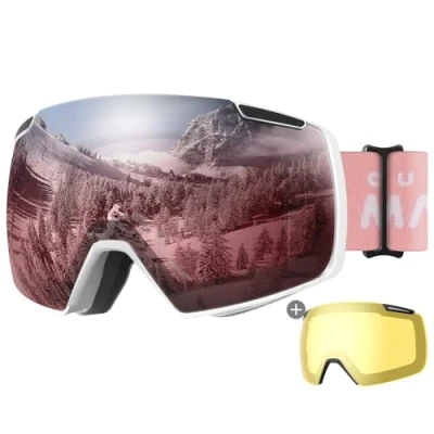 Abbildung von OutdoorMaster Heron Skibrille mit 2 Gläsern, rahmenlos, magnetisch austauschbare HD Toric Lens, OTG Snowboardbrille für Männer &amp; Frauen, 100% UV Schutz Snow Goggles (Rose Vlt 28% + Gelbe Linse)