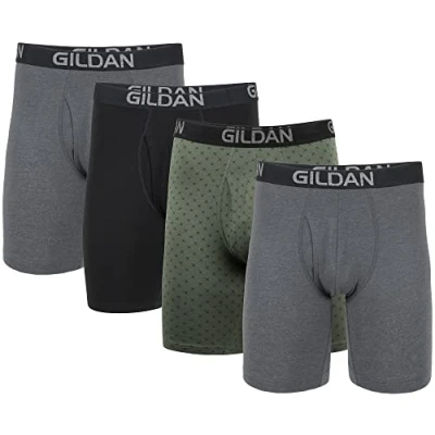 Abbildung von Gildan Herren Cotton Stretch Boxer Brief, Multipack Retroshorts, Heather Dark Grey/Green Midnight/Blk (4er Pack, langes Bein), X Large