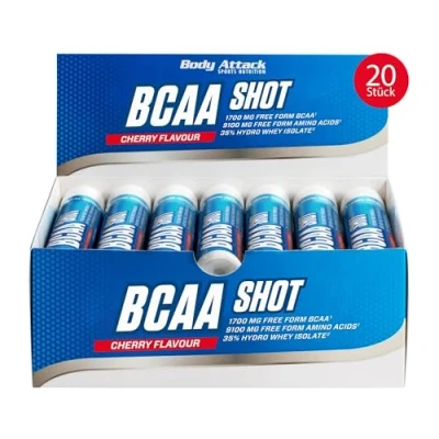 Abbildung von BODY ATTACK BCAA SHOT Cherry, 20x25ml Made in Germany 25 ml/eine Portion, 9100 mg freie Aminosäuren, 1700 BCAAs, alle essenziellen 35% Hydro Whey Isolate