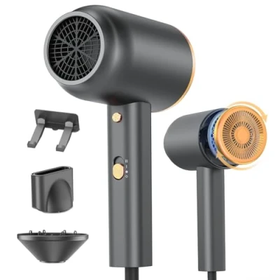 Abbildung von DEWILY Ionen Haartrockner 1800W Föhn mit Diffusor Konzentratoren Halterung, Schnelltrocknen Haarföhn, Kaltlufttaste, 3 Temperaturen, 2 Geschwindigkeiten, Ideal für Zuhause, Reisen(Schwarz+Gold)