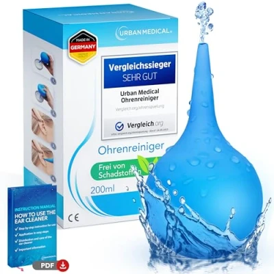 Abbildung von URBAN MEDICAL Ohrenschmalz Entferner Sanfte Ohrendusche für Erwachsene, Kinder &amp; Babys Wiederverwendbarer Ohrreiniger Sicher und effektiv 200ml