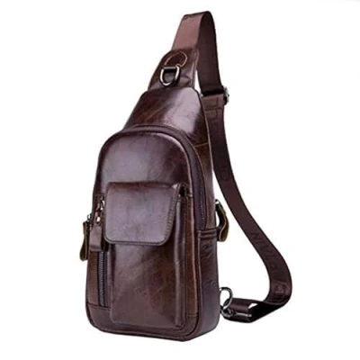 Abbildung von Hebetag Leder Sling Bag Wandern Daypack für Männer Frauen Outdoor Reisen Camping Angeln Crossbody Schulter Brust Rucksack (#03Kaffee)