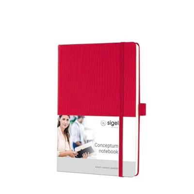 Abbildung von SIGEL CO654 Premium Notizbuch kariert, A5, Hardcover, 194 nummerierte Seiten, rot, nachhaltiges Papier, mit Inhaltsverzeichnis, Stiftschlaufe, Falttasche, Gummibandverschluss, Conceptum