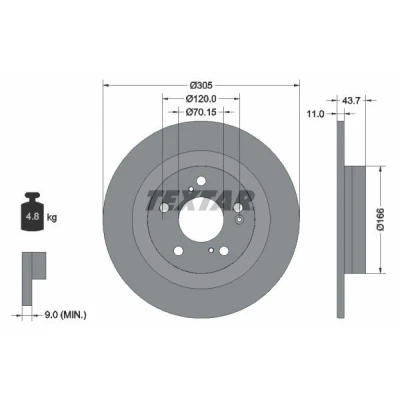 Abbildung von TEXTAR Bremsscheibe HONDA: CIVIC 10 11mm 05/08 120mm voll beschichtet ohne Radnabe, Radlager, Radbefestigungsbolzen 92308403 42510TGHA00