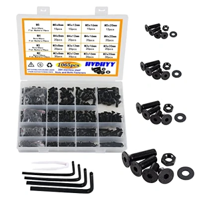 Abbildung von HVDHYY 1065Stück Schrauben Set M2 M3 M4 M5 aus Kohlenstoffstahl Zylinderschrauben mit Flachkopf Schwarz Maschinenschrauben Muttern und Unterlegscheiben Sortiment kit Rundkopf Aufbewahrungsbox