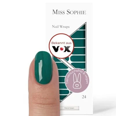 Abbildung von Original Miss Sophie Nagelfolien Petrol Green I 24 ultra dünne Nagellack Streifen einfarbig in Grün Für Finger &amp; Fußnägel Hält auf Natur sowie lackierten, Acryl , Gel Shellac Nägeln