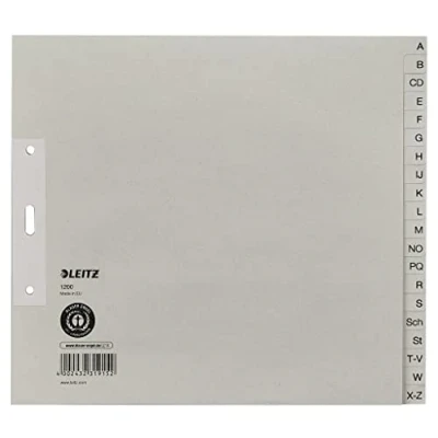 Abbildung von Leitz Register, 20 Trennblätter, Taben mit alphabetischem Aufdruck A Z, 5 Stück, Grau, 100% recyceltes Papier, Blauer Engel Siegel, 12003085